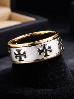 Tory Burch Gold & White Cross Band Ring